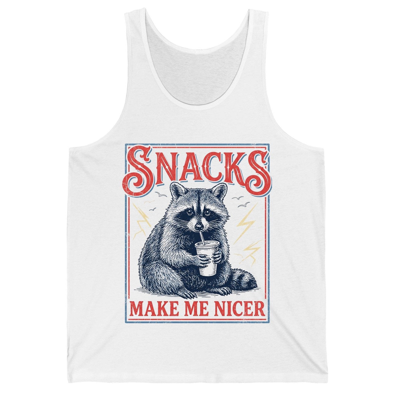 SNACKS MAKE ME NICER Funny Raccoon Tank Top - product mockup - White