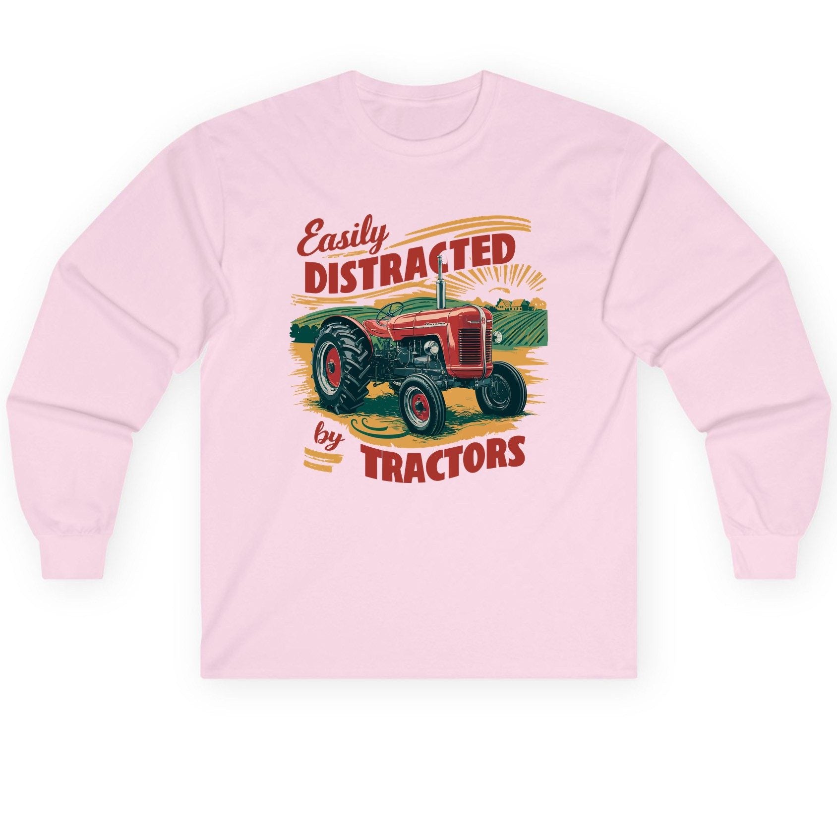 Easily Distracted by Tractors vintage tractor Long Sleeve Tee Light Pink product mockup