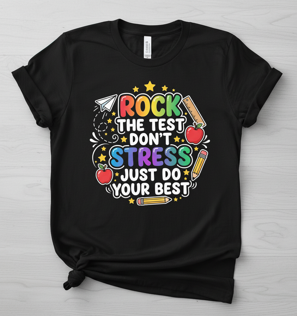 Rock The Test Don't Stress Just Do Your Best Motivational Design T-Shirt - Black