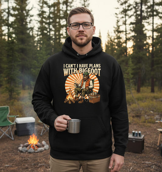 I Can't I Have Plans with Bigfoot bigfoot Hoodie Black lifestyle mockup