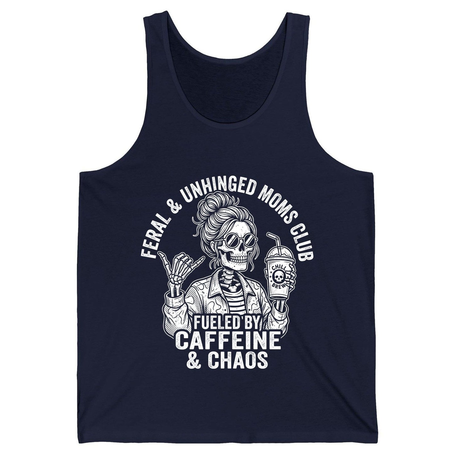FERAL & Unhinged MOMS CLUB FUELED BY Caffeine & CHAOS Tank Top - product mockup - Navy