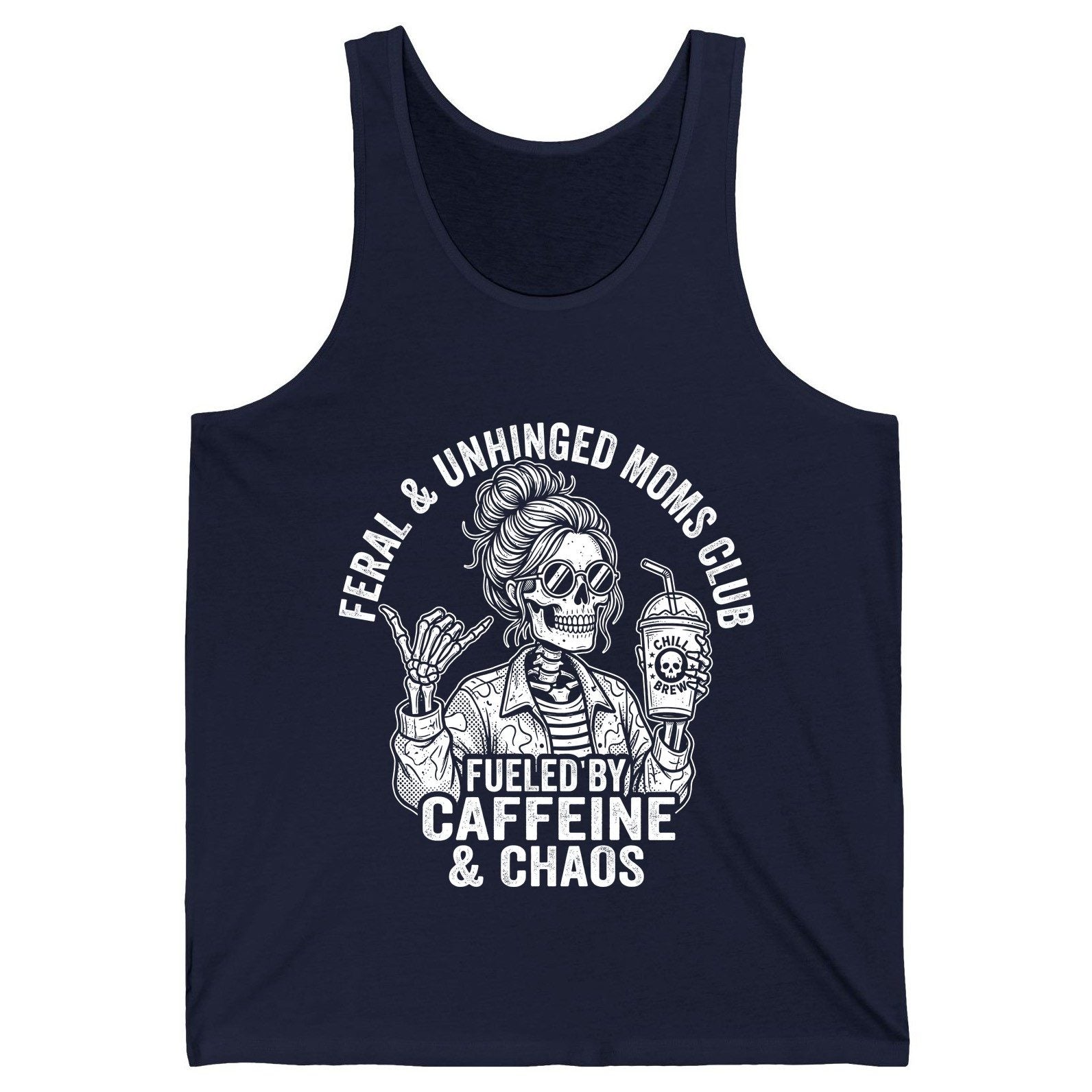FERAL & Unhinged MOMS CLUB FUELED BY Caffeine & CHAOS Tank Top - product mockup - Navy