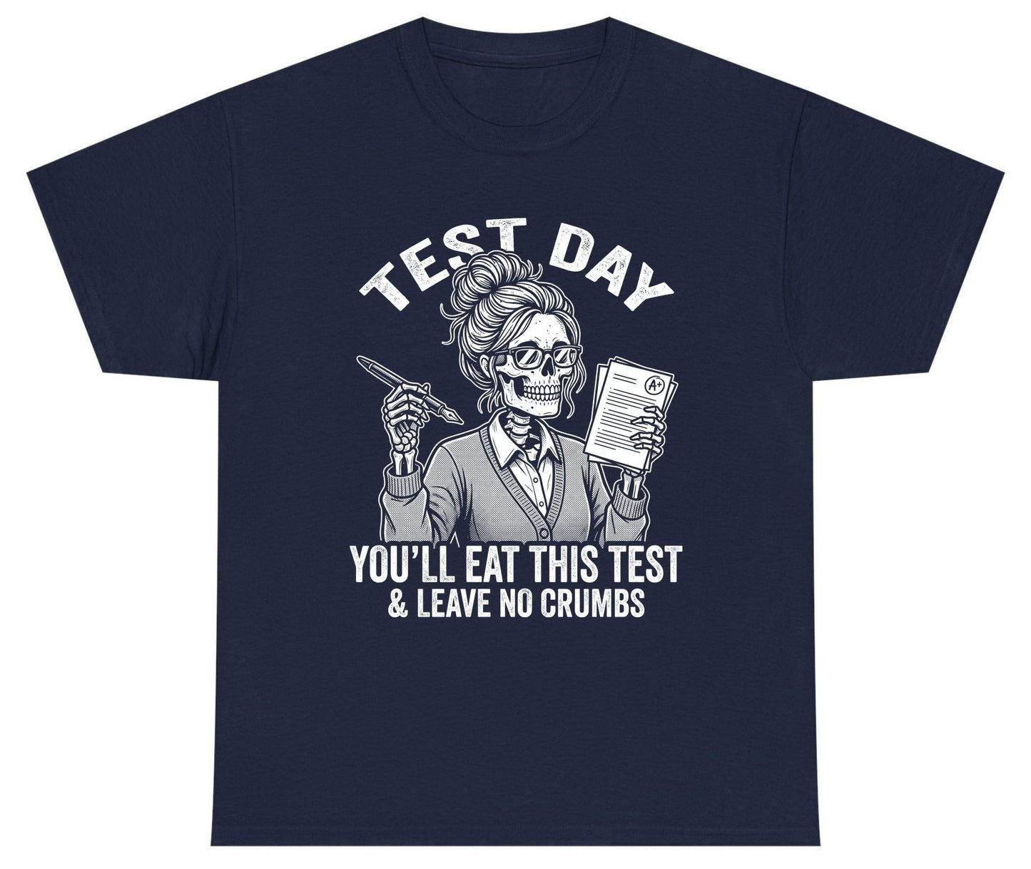 You'll Eat This Test & Leave No Crumbs Funny Day Youth T-Shirt - product mockup - Navy