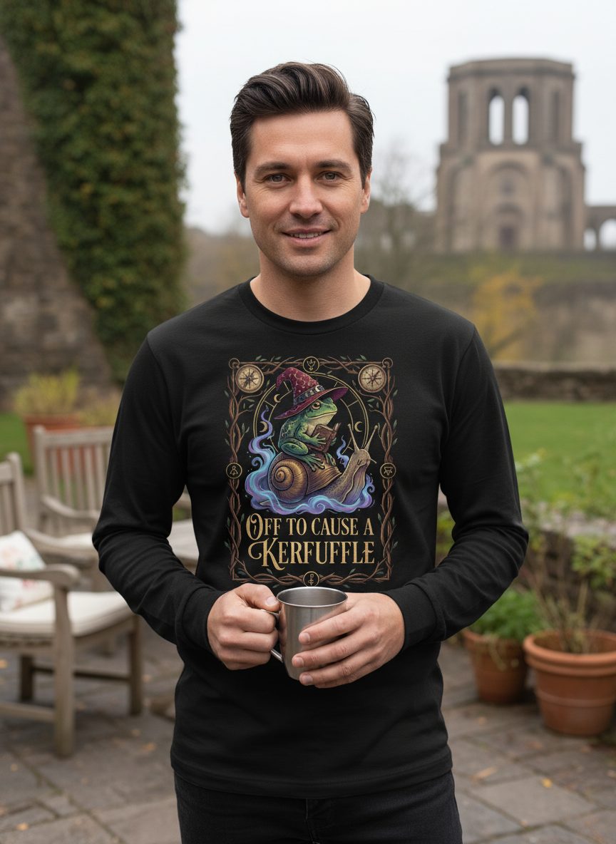Off to Cause a Kerfuffle frog wizard Long Sleeve Tee Black lifestyle mockup