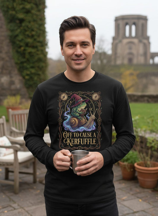 Off to Cause a Kerfuffle frog wizard Long Sleeve Tee Black lifestyle mockup