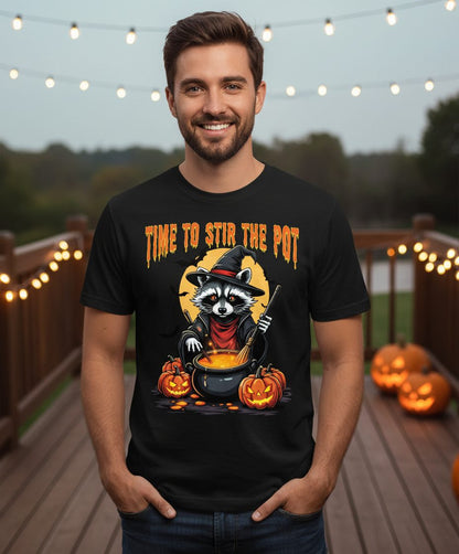 Time to Stir the Pot Halloween raccoon T-Shirt Black lifestyle mockup