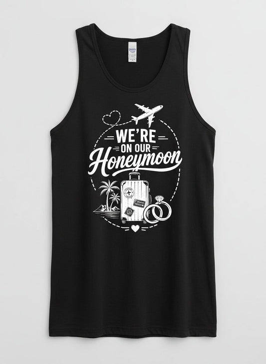 We're on Our Honeymoon Vintage Newlyweds Tank Top - product mockup - Black