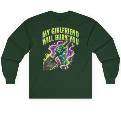 My Girlfriend Will Bury You zombie Long Sleeve Tee Forest Green product mockup
