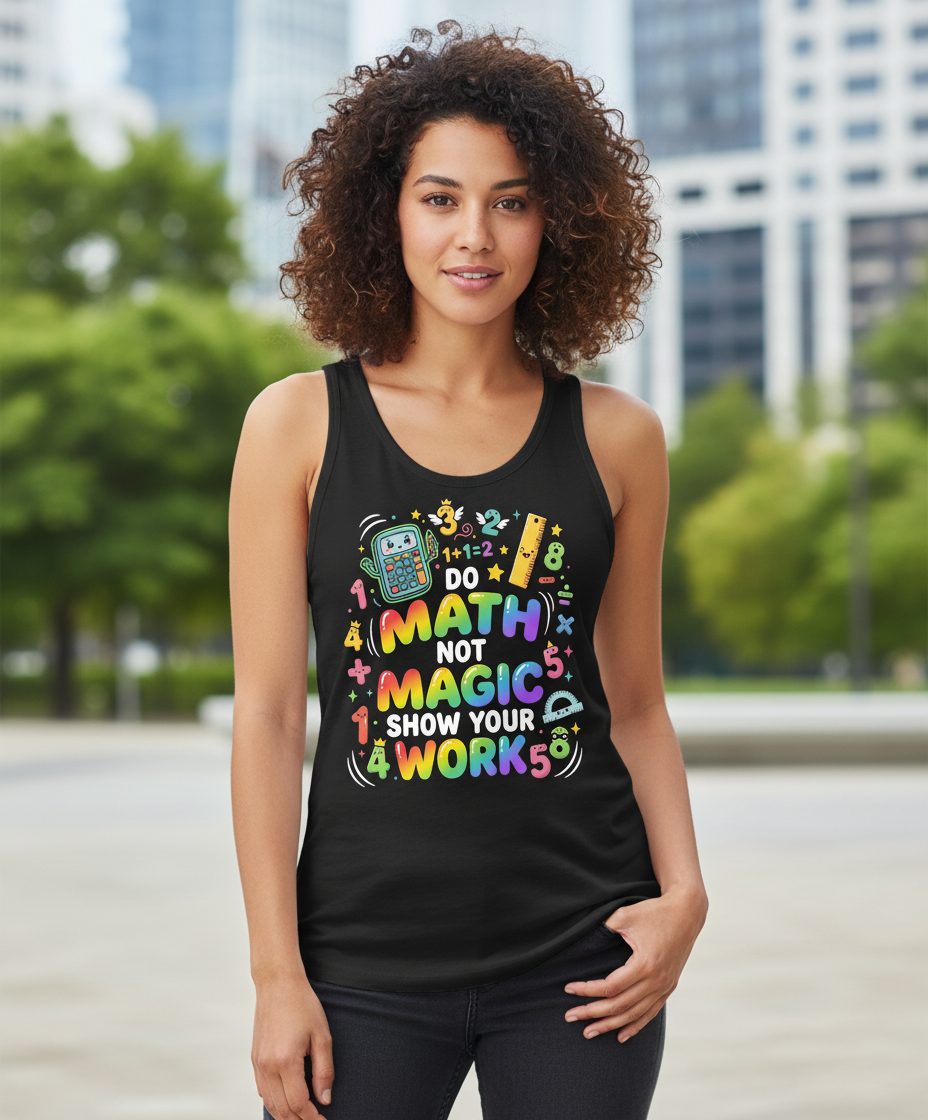 DO MATH NOT MAGIC SHOW YOUR WORK Teachers Tank Top - lifestyle model mockup - Black