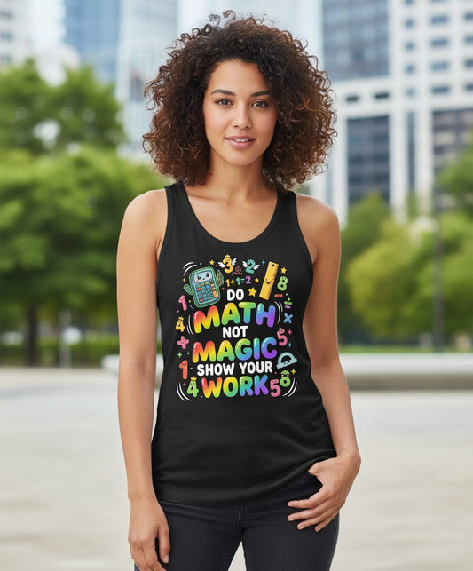 DO MATH NOT MAGIC SHOW YOUR WORK Teachers Tank Top - lifestyle model mockup - Black