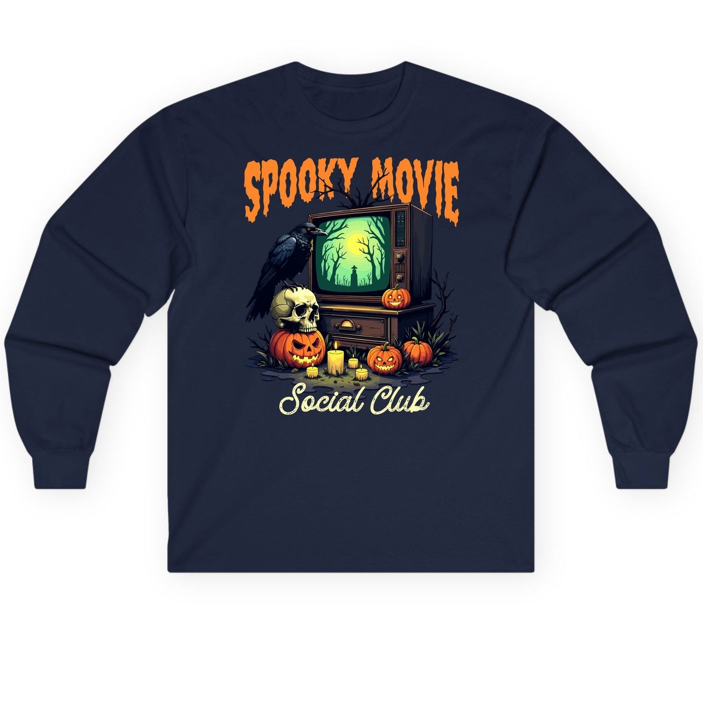 Spooky Movie Social Club Halloween Long Sleeve Tee Navy product mockup
