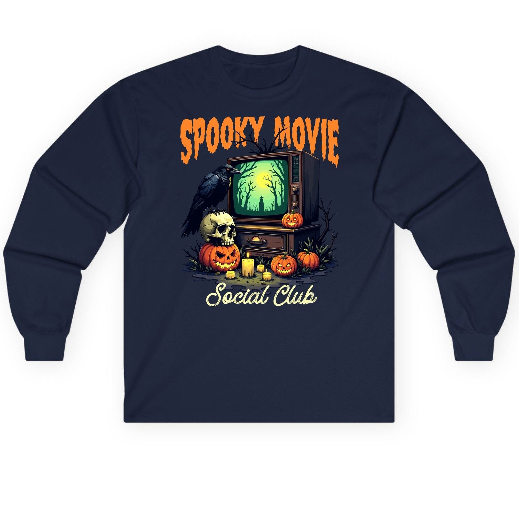Spooky Movie Social Club Halloween Long Sleeve Tee Navy product mockup