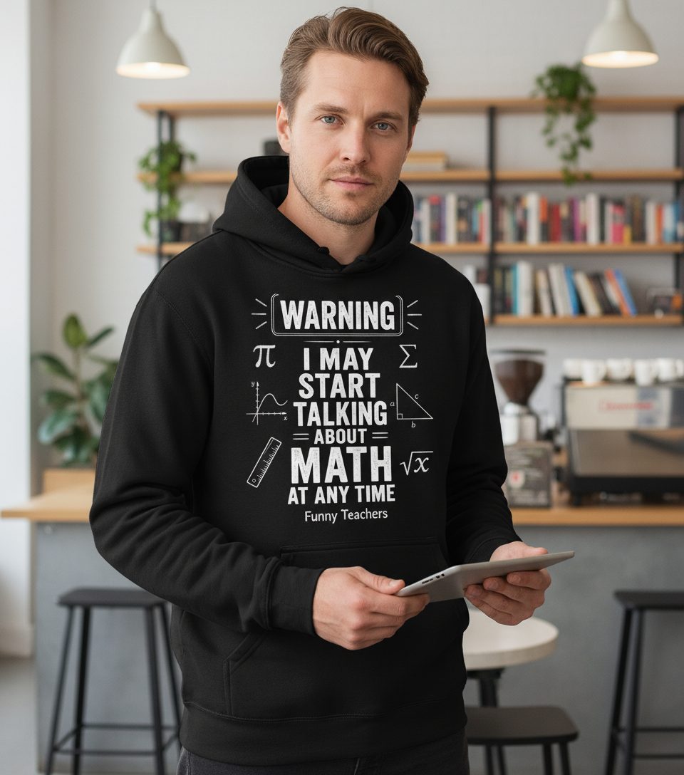 Warning I May Start Talking About Math at Any Time Funny Teachers Hoodie - lifestyle model mockup - Black