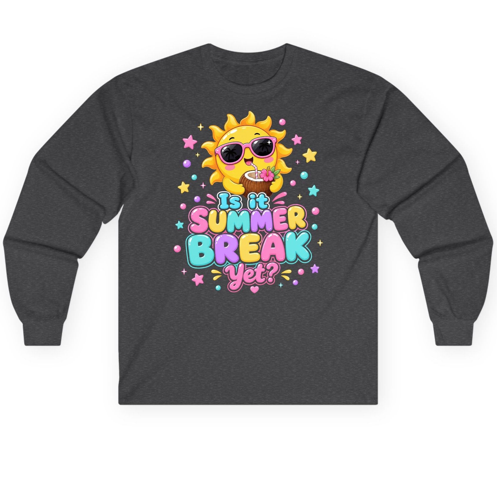 Is It SUMMER BREAK Yet Funny Vacation Long Sleeve Tee - product mockup - Dark Heather