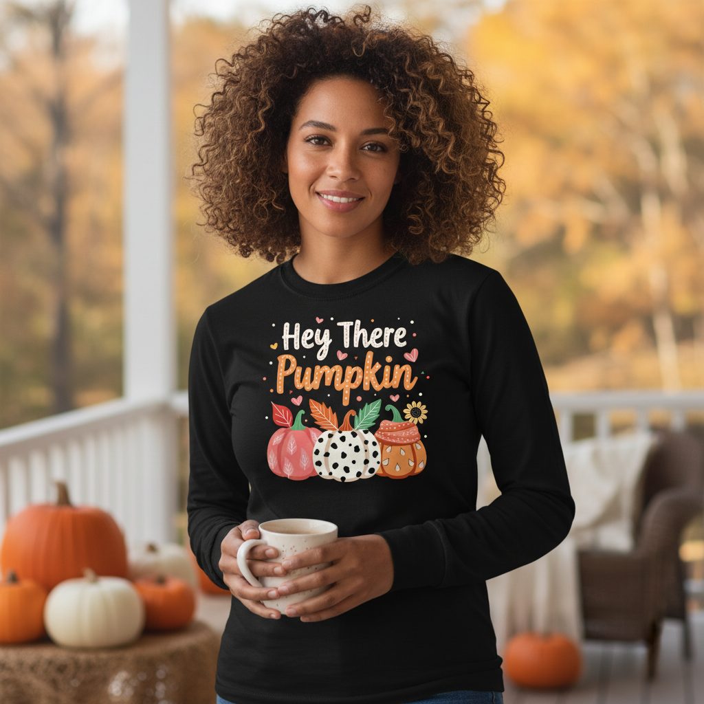 Hey There Pumpkin fall pumpkins Long Sleeve Tee Black lifestyle mockup