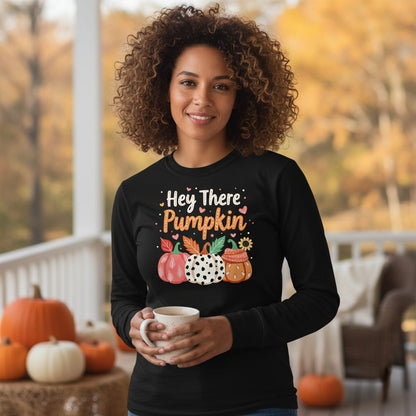 Hey There Pumpkin fall pumpkins Long Sleeve Tee Black lifestyle mockup