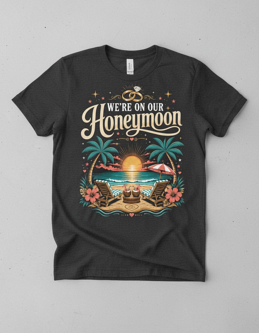 We're on Our Honeymoon Retro Newlyweds T-Shirt - product mockup - Dark Heather