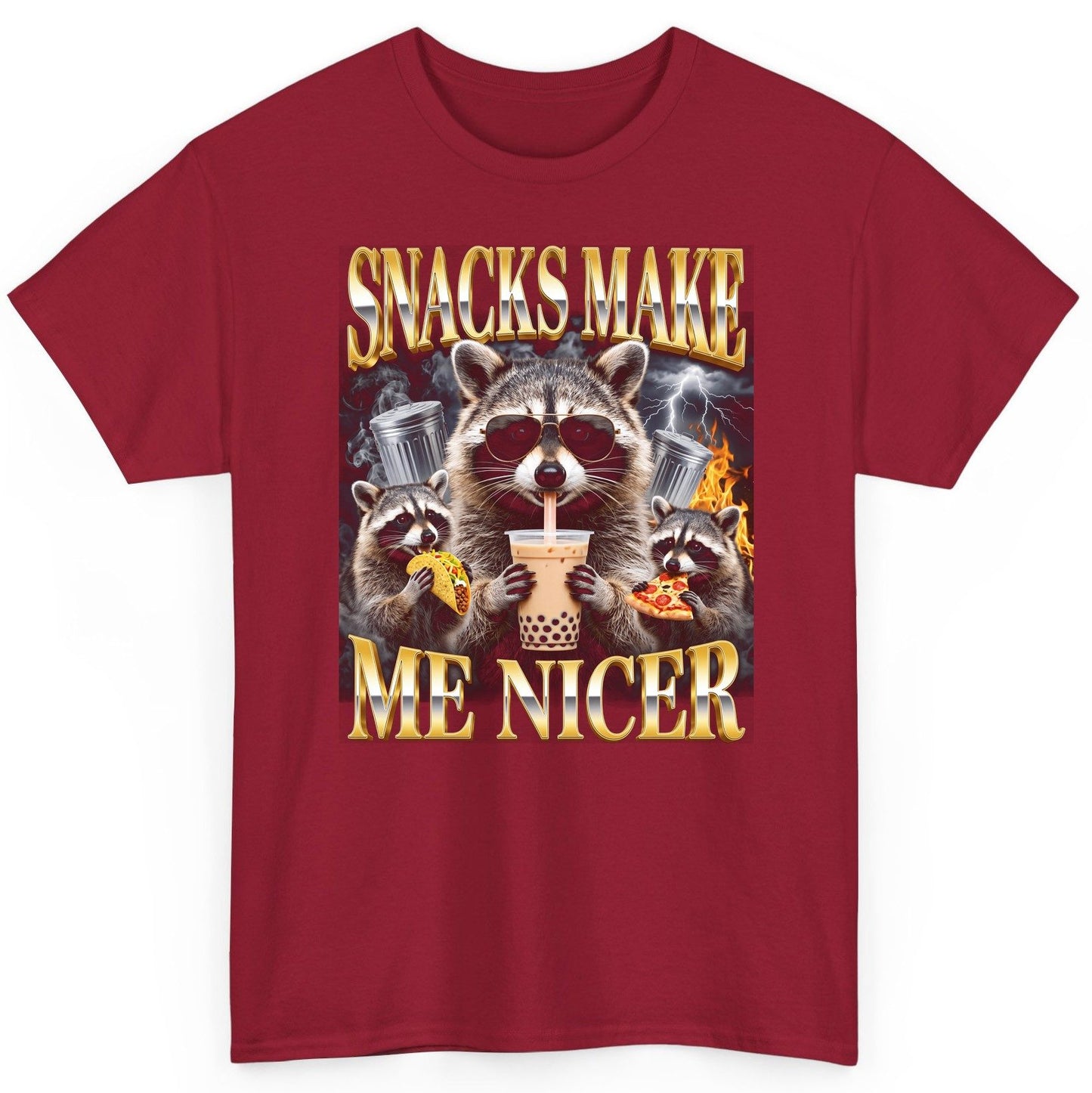 SNACKS MAKE ME NICER Funny Raccoon T-Shirt - product mockup - Cardinal Red