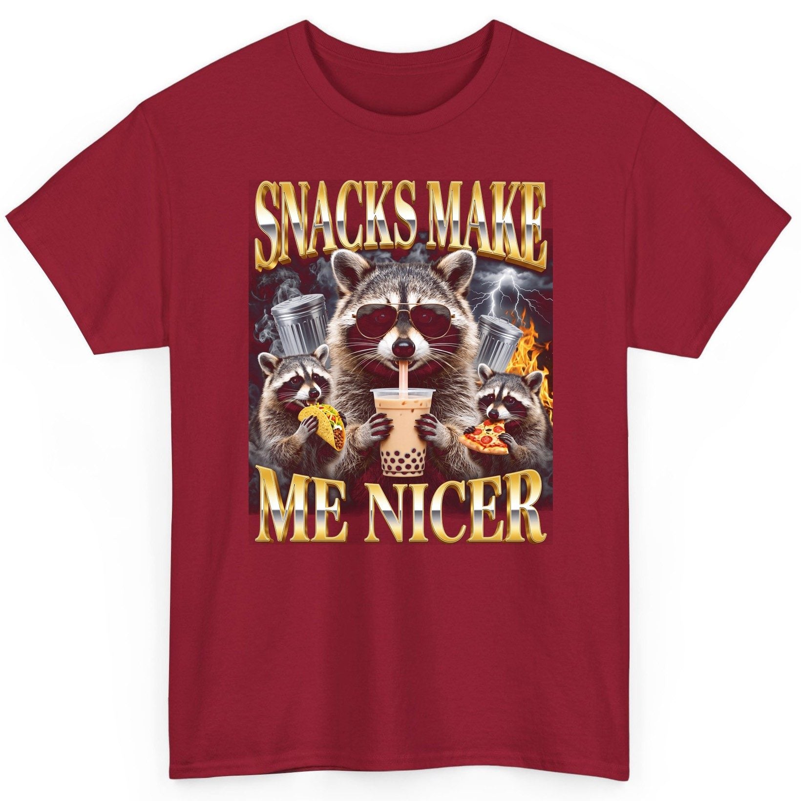 SNACKS MAKE ME NICER Funny Raccoon T-Shirt - product mockup - Cardinal Red