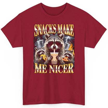 SNACKS MAKE ME NICER Funny Raccoon T-Shirt - product mockup - Cardinal Red