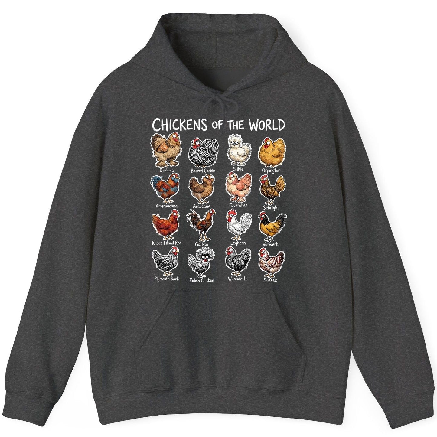 Chickens of the World chicken breeds Hoodie Dark Heather product mockup