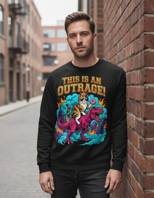 THIS IS AN OUTRAGE! Cat riding a T-Rex Sweatshirt Black lifestyle mockup