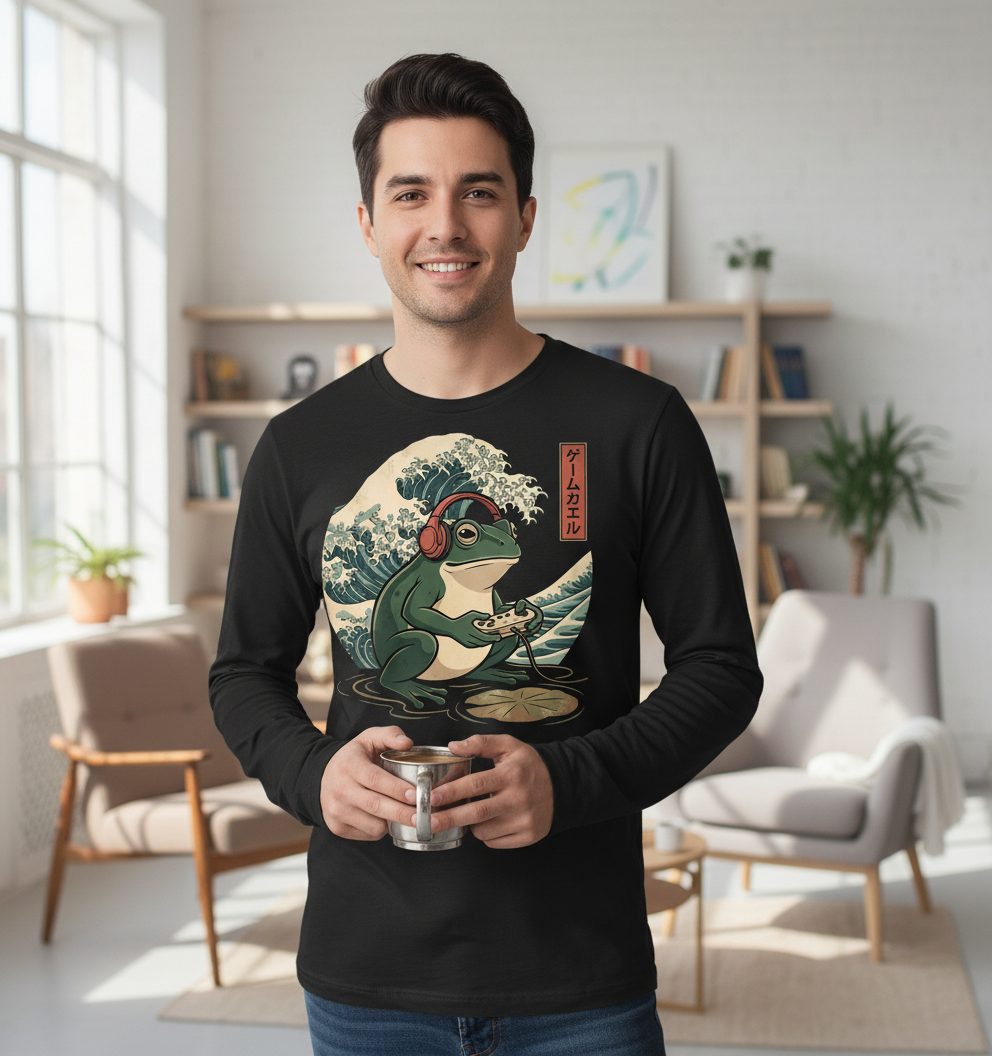 ゲームカエル gamer frog Long Sleeve Tee Black lifestyle mockup