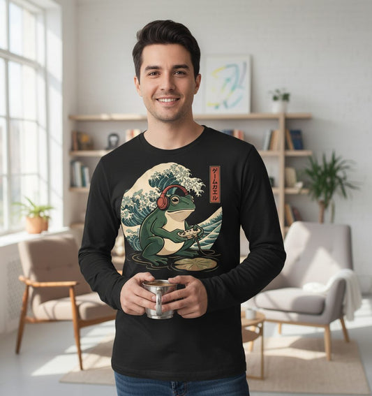 ゲームカエル gamer frog Long Sleeve Tee Black lifestyle mockup