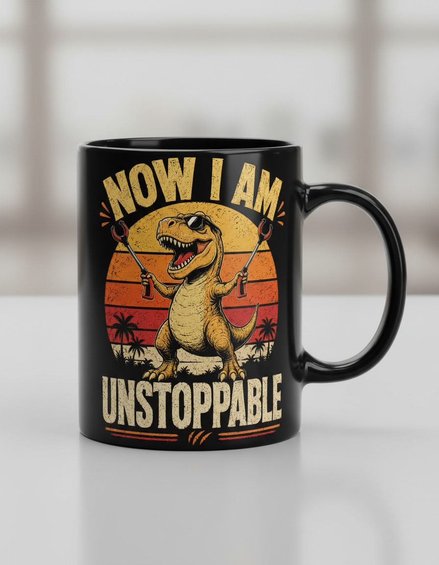 Now I Am Unstoppable Funny T-Rex Black Mug - product mockup - Black