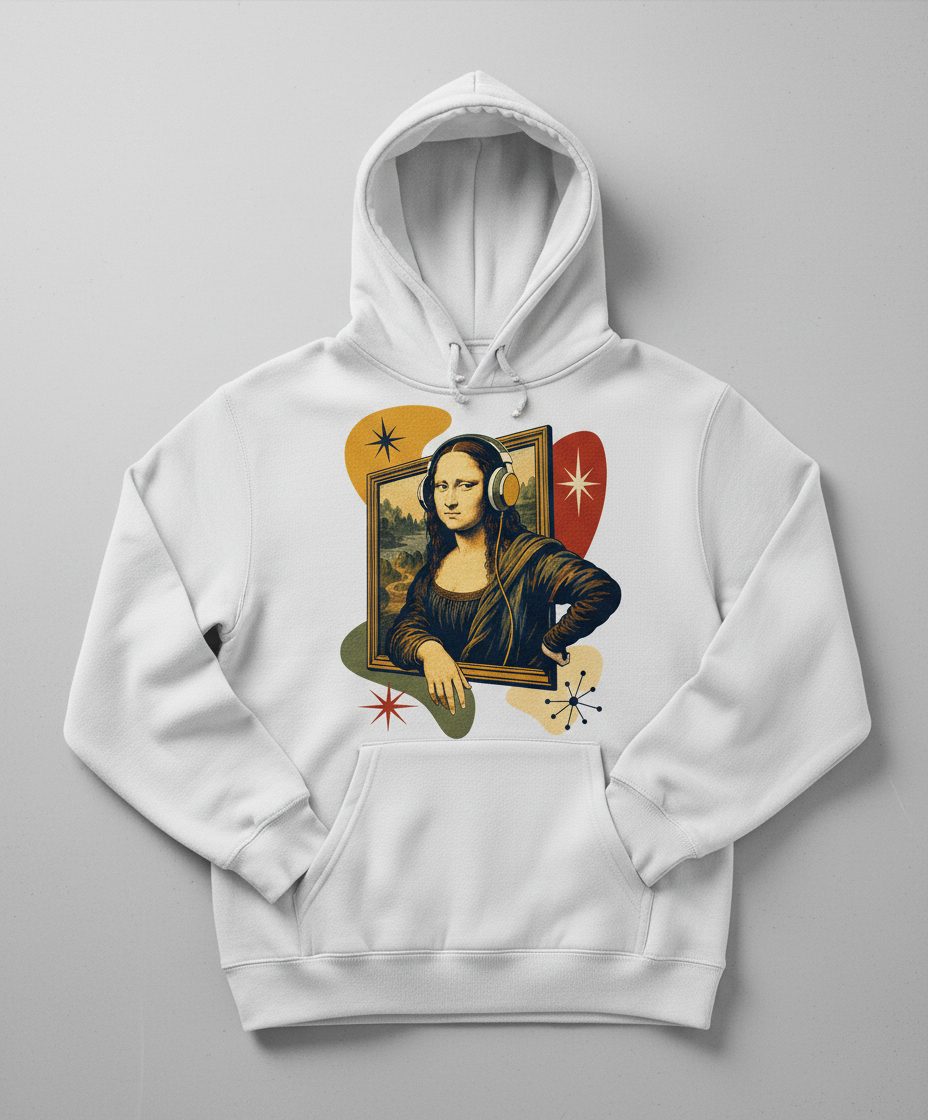 Mona Lisa Listening Retro Art Funny Parody Hoodie - product mockup - White