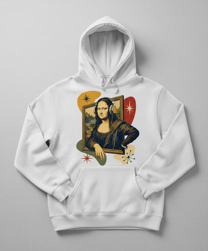 Mona Lisa Listening Retro Art Funny Parody Hoodie - product mockup - White