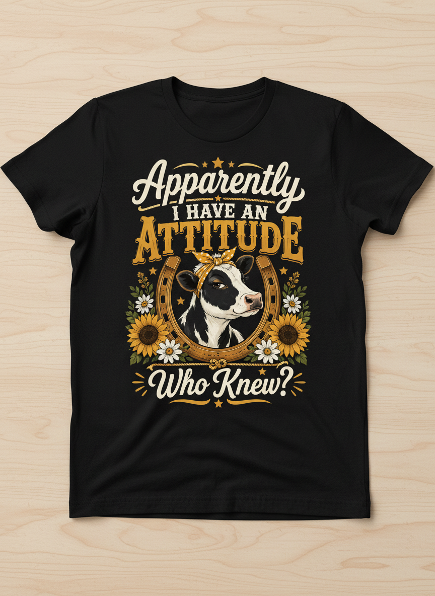 Funny Cow Attitude Who Knew Farm Life Design T-Shirt - Black