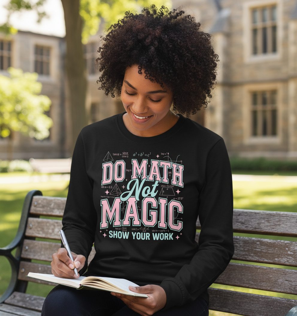 Do Math Not Magic Show Your Work Retro Teachers Long Sleeve Tee - lifestyle model mockup - Black
