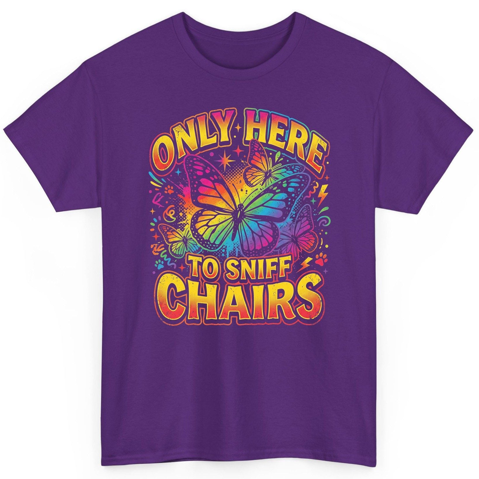 ONLY HERE TO SNIFF CHAIRS Funny Meme T-Shirt - product mockup - Purple