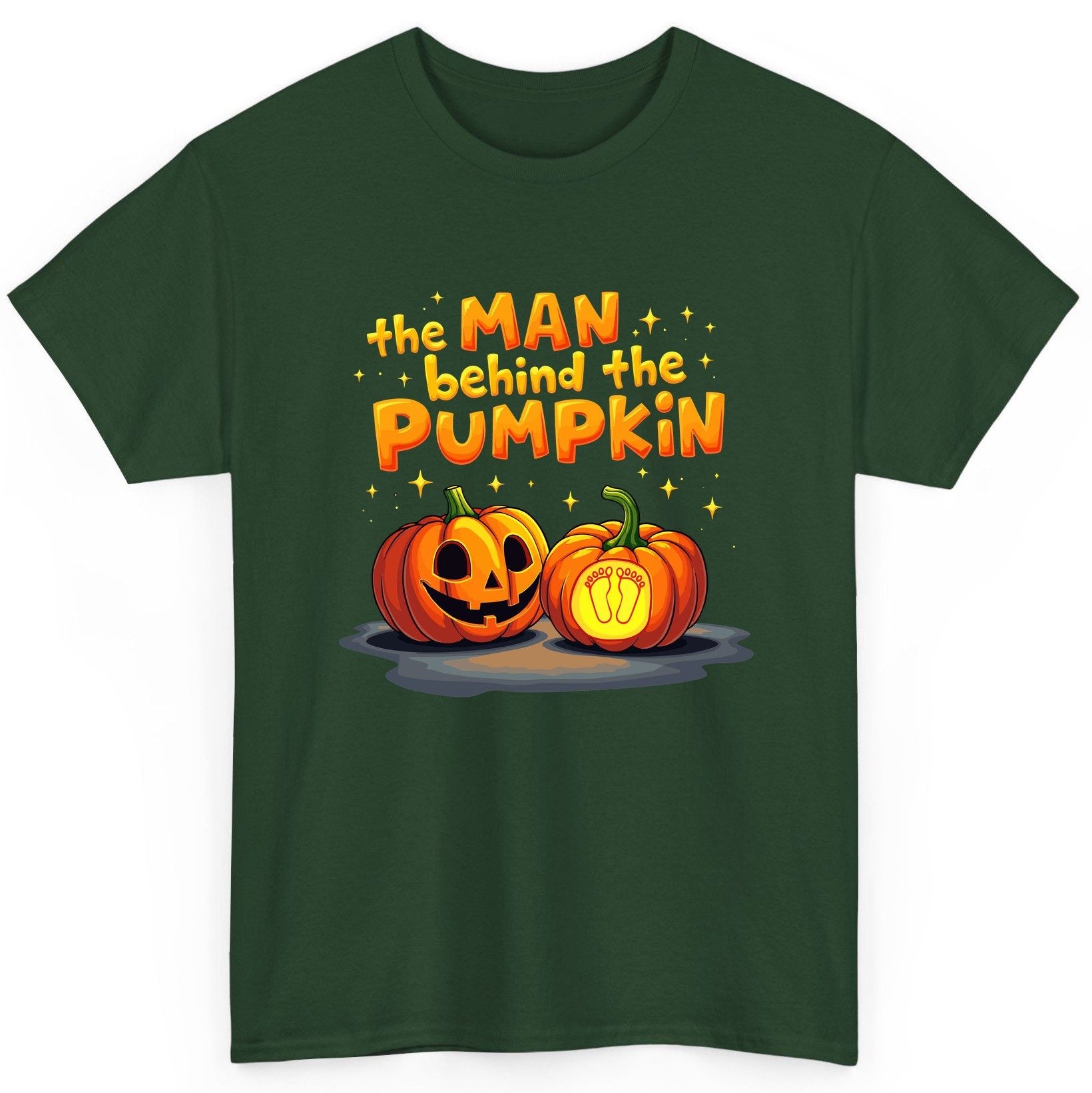 The Man Behind the Pumpkin Halloween pregnancy announcement T-Shirt Forest Green product mockup