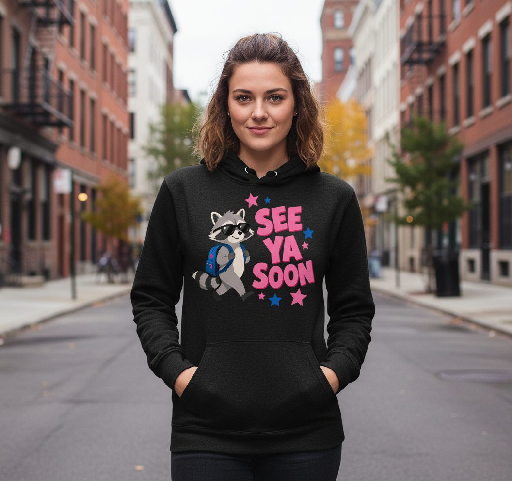 See Ya Soon Raccoon Hoodie - lifestyle model mockup - Black