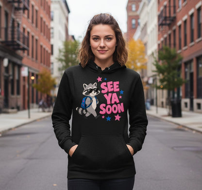 See Ya Soon Raccoon Hoodie - lifestyle model mockup - Black