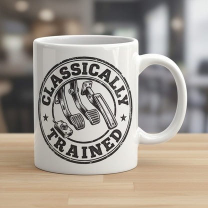 Classically Trained Vintage Manual Transmission White Mug - product mockup - White