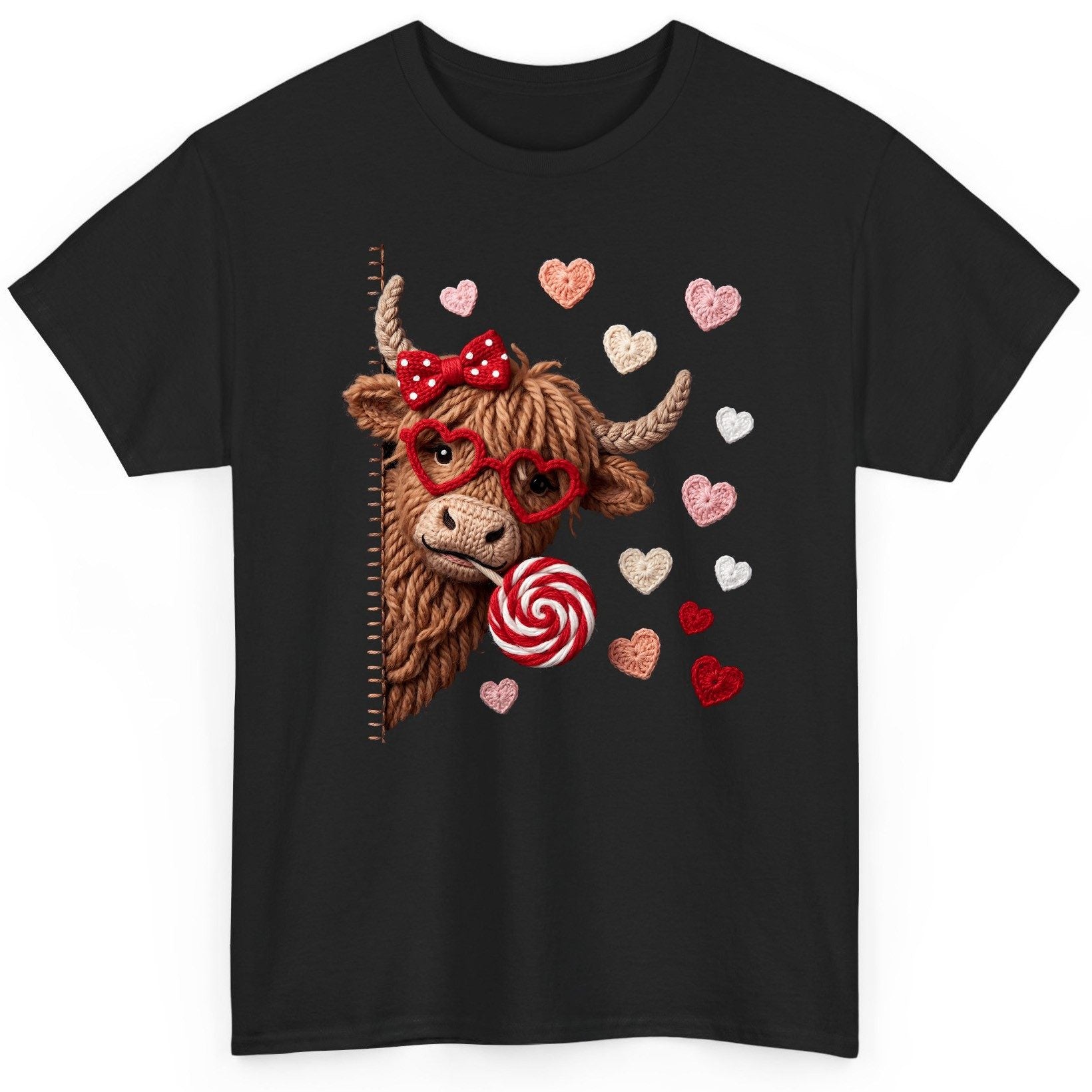 Crochet Valentine's Highland Cow highland cow T-Shirt Black product mockup