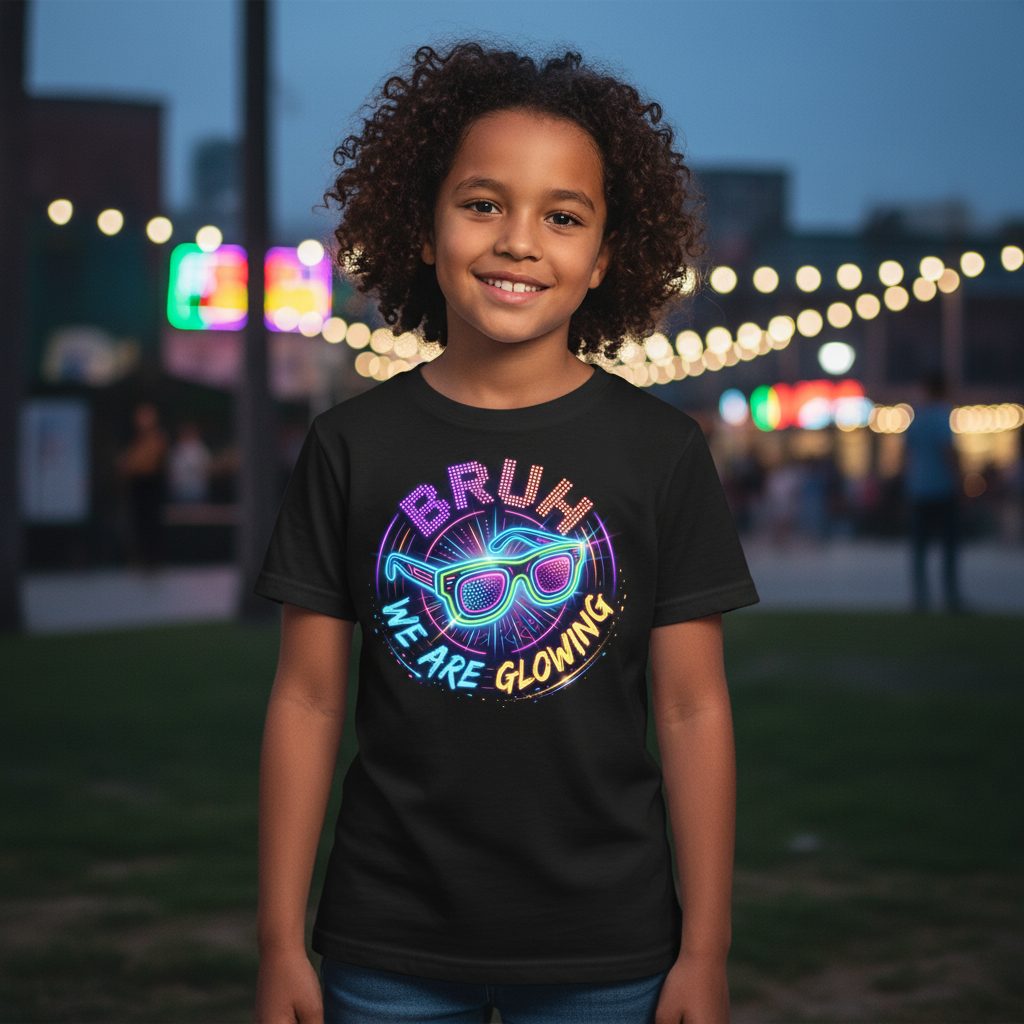 BRUH WE ARE GLOWING Neon Party Youth T-Shirt Black lifestyle mockup