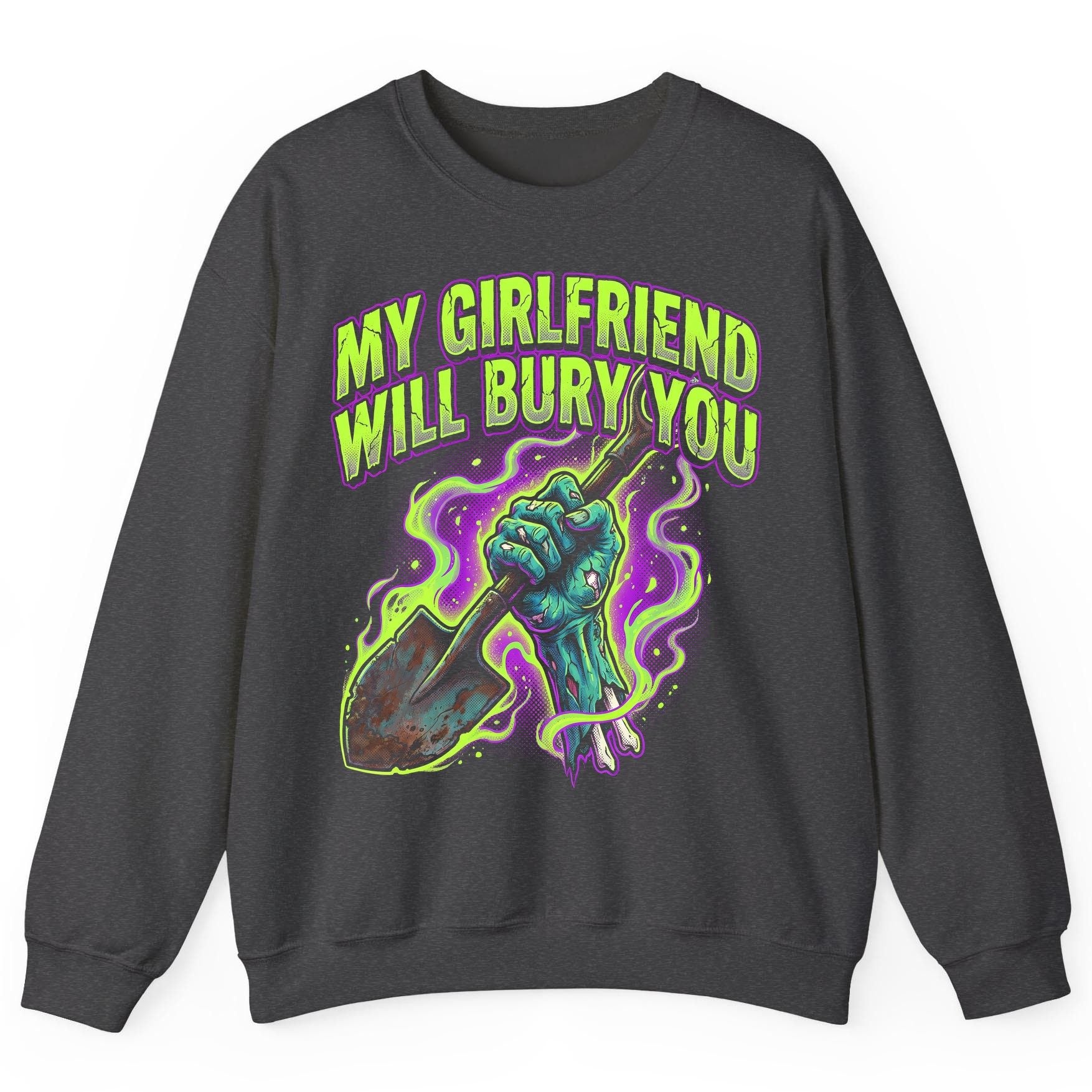 My Girlfriend Will Bury You zombie Sweatshirt Dark Heather product mockup