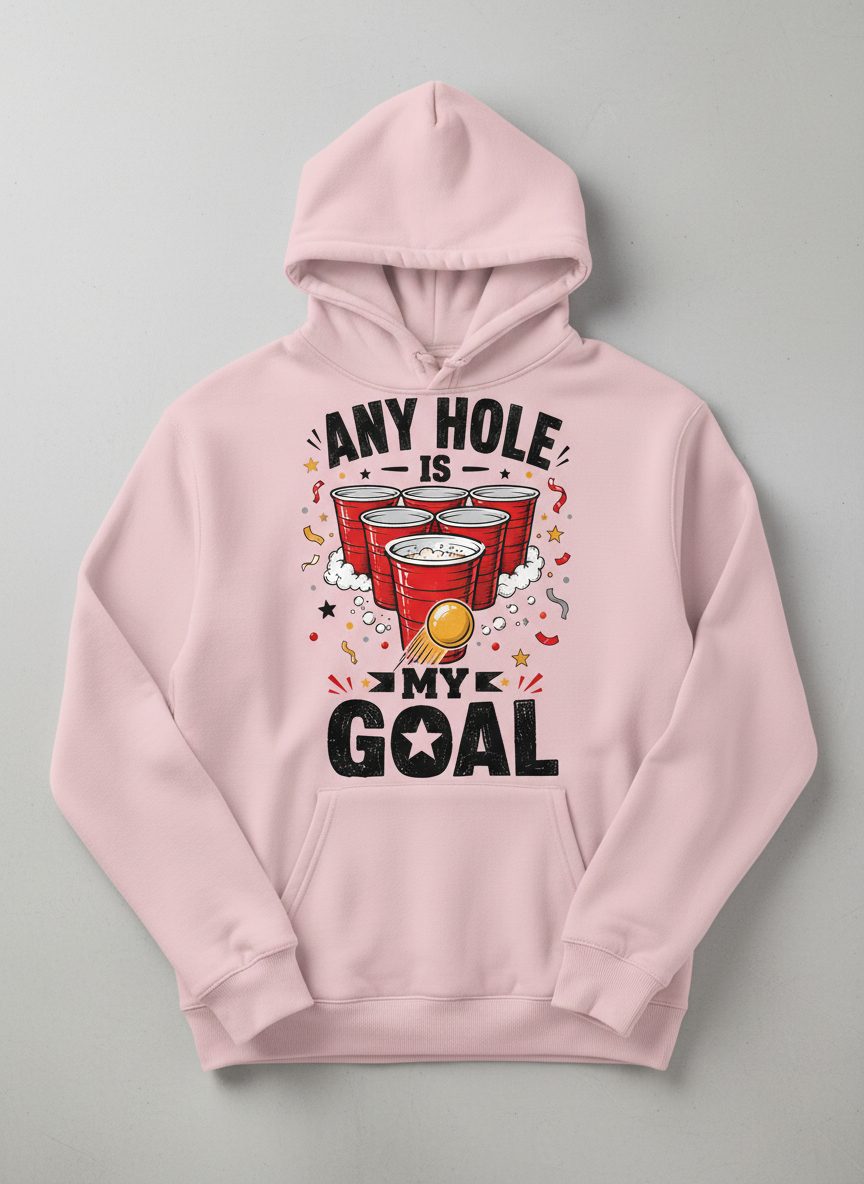 Any Hole Is My Goal Funny Beer Pong Hoodie - product mockup - Light Pink