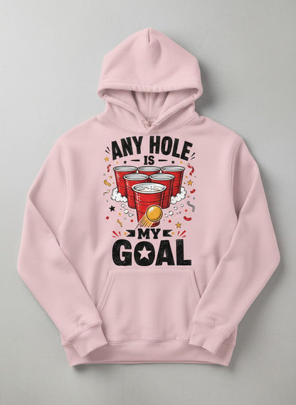 Any Hole Is My Goal Funny Beer Pong Hoodie - product mockup - Light Pink