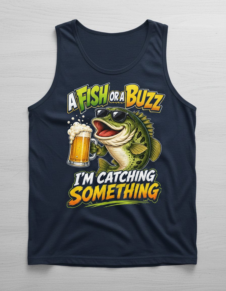 A FISH OR a BUZZ I'M Catching Something Funny Fishing Tank Top - product mockup - Navy