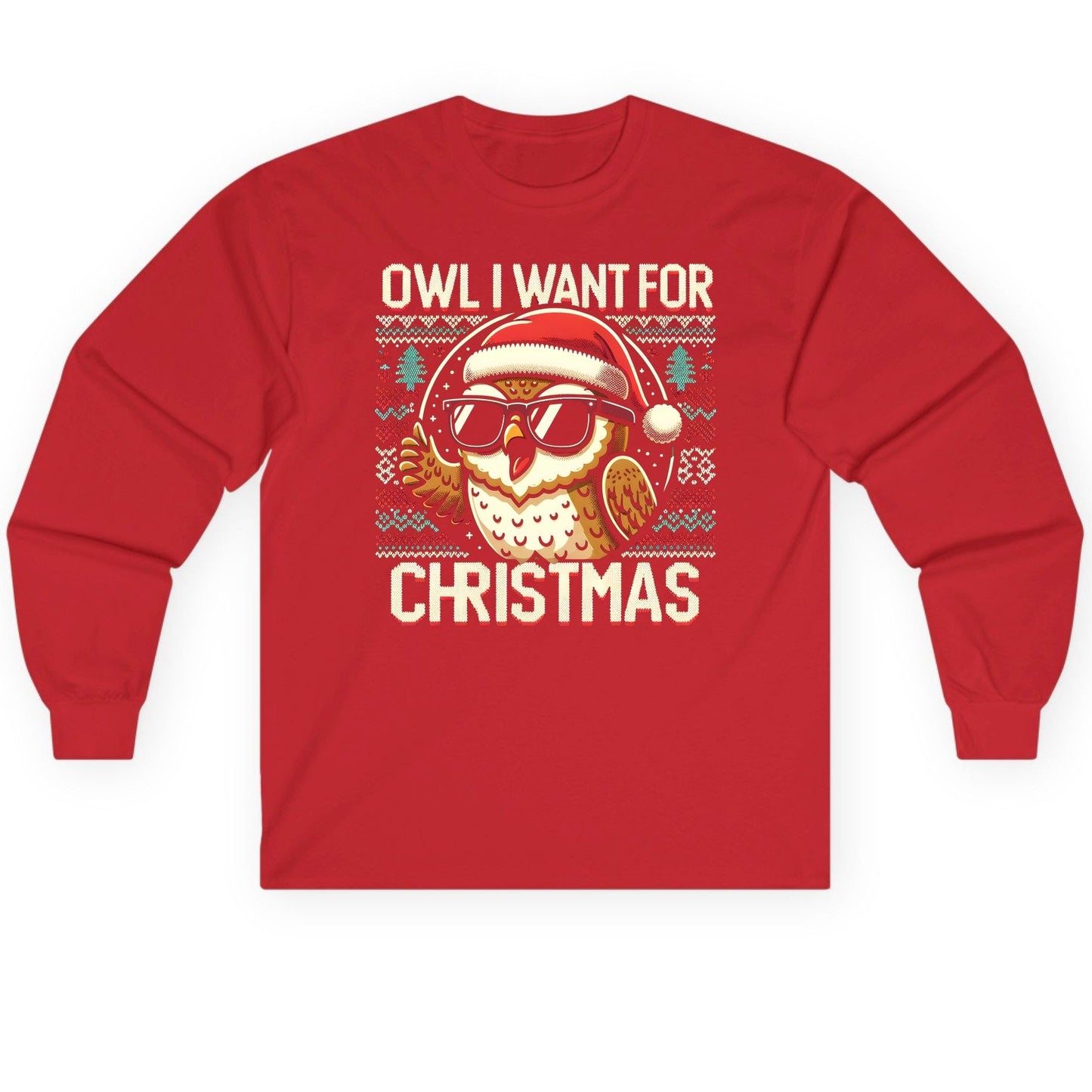 Owl I Want for Christmas Christmas owl Long Sleeve Tee Red product mockup