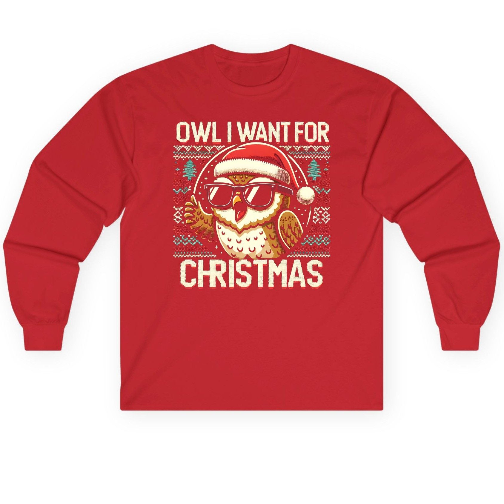 Owl I Want for Christmas Christmas owl Long Sleeve Tee Red product mockup