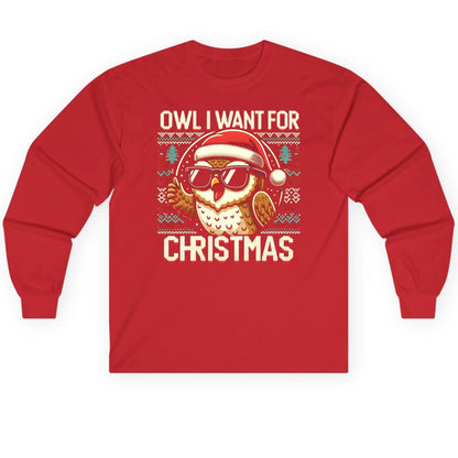 Owl I Want for Christmas Christmas owl Long Sleeve Tee Red product mockup