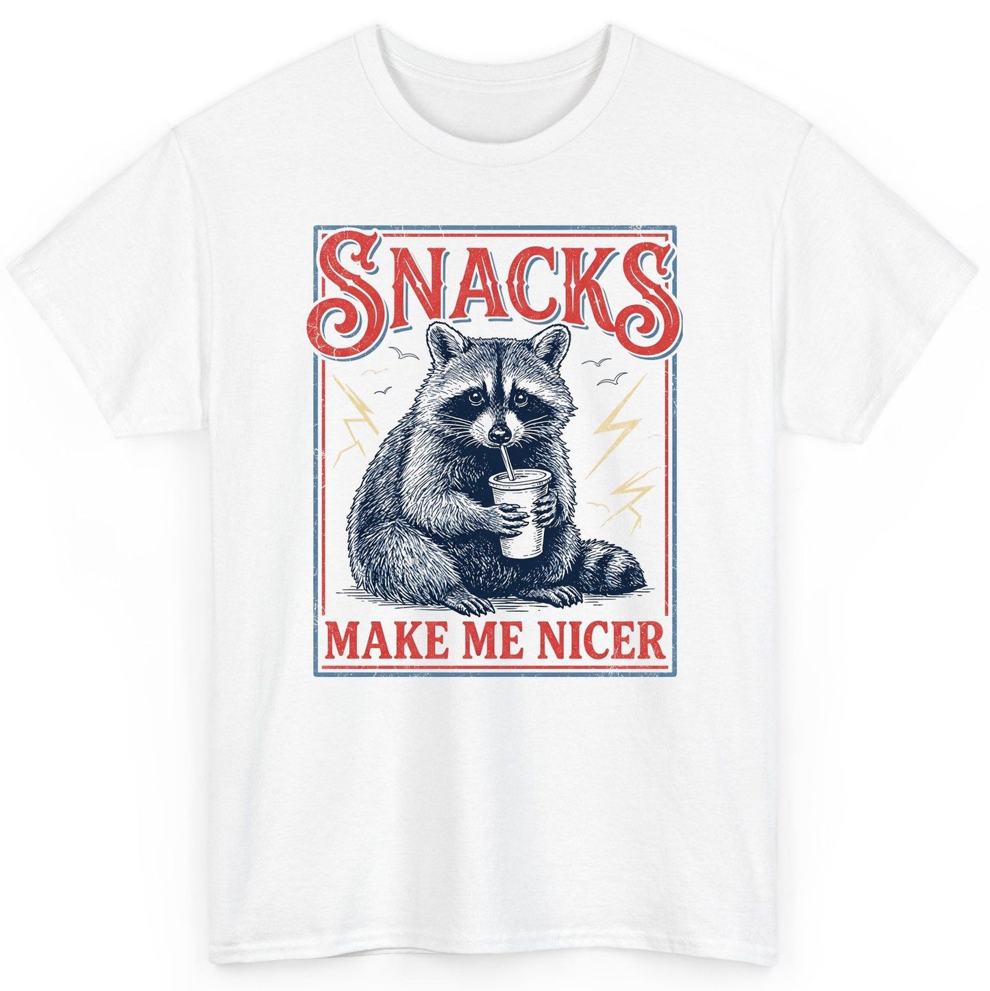 SNACKS MAKE ME NICER Funny Raccoon T-Shirt - product mockup - White