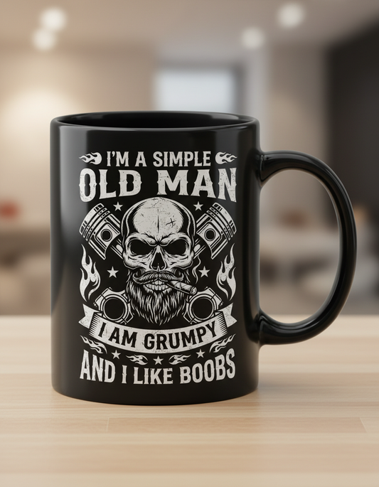 Grumpy Old Man Biker Skull and Pistons Funny Quote Black Mug - Black