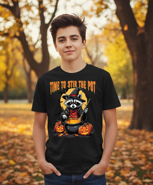 Time to Stir the Pot Halloween raccoon Youth T-Shirt Black lifestyle mockup
